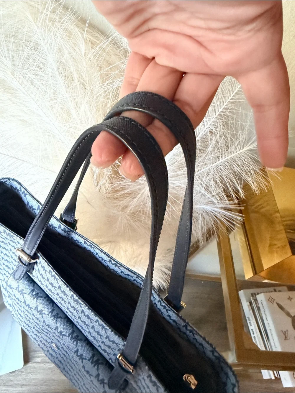 Michael Kors Jet Set Blue MK Monogram Jacquard Flap Pocket Tote Bag
